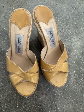 Jimmy Choo Mustard Yellow Leather Espadrille Slide Sandals